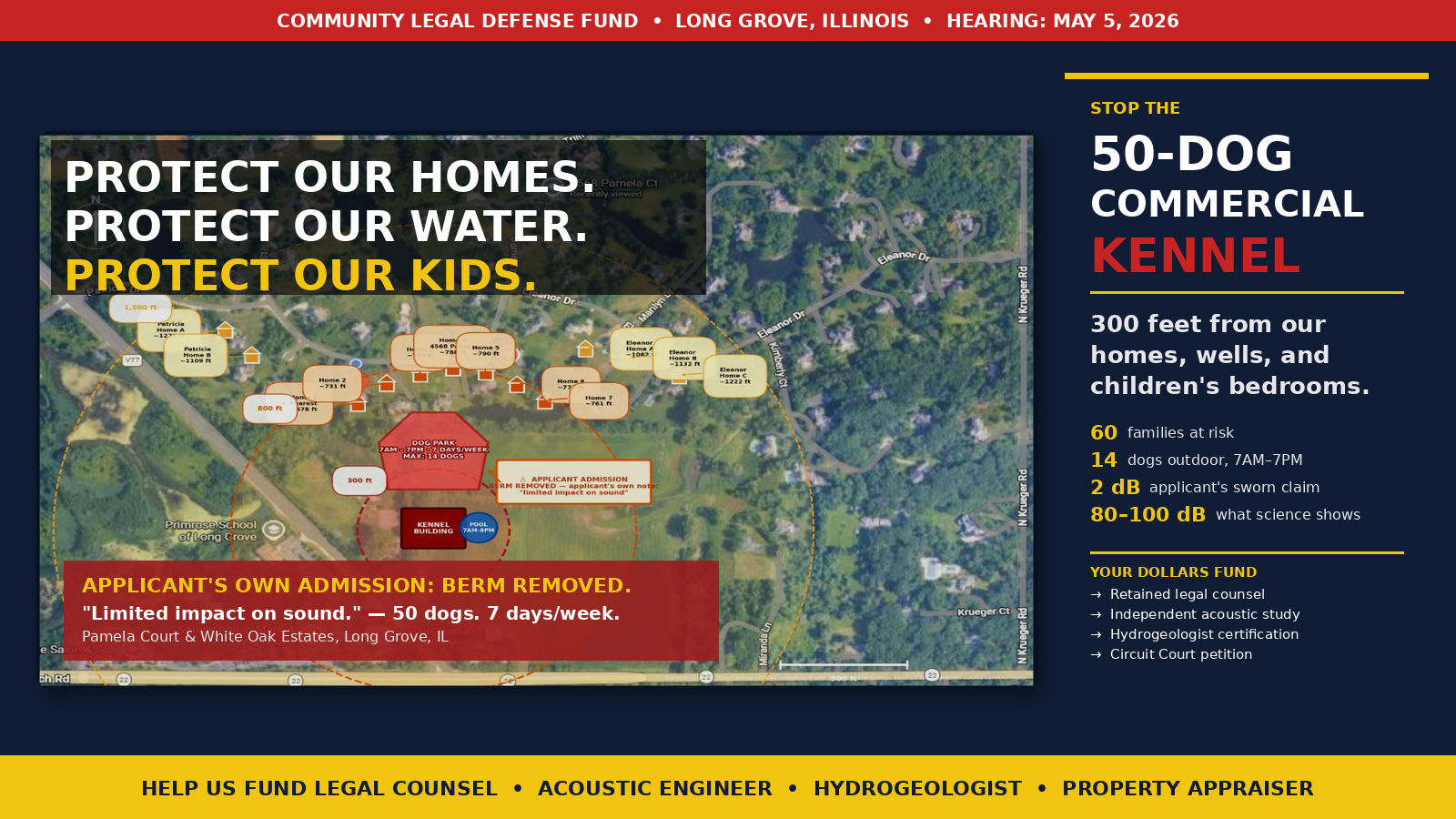 Pamela Court precision impact zone map showing the proposed Lakeshore K9 kennel site, dog park location, and concentric noise impact zones reaching ~60 affected homes